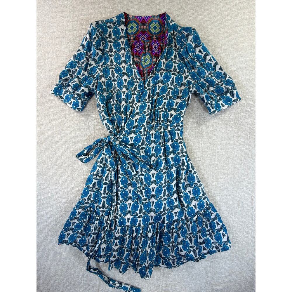 Caballero Womens Small Blue White Floral Wrap Knee Length Cottagecore Boho Dress